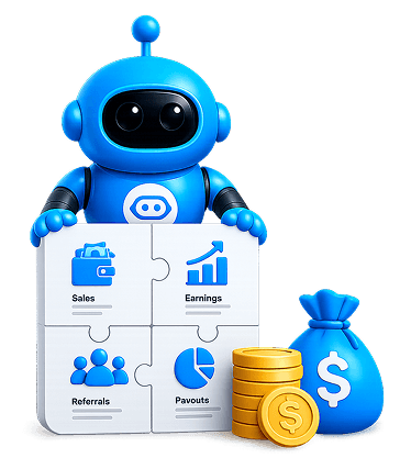 AUPOD robot presenting a puzzle of Sales, Earnings, Referrals, and Payouts with a money bag and coins